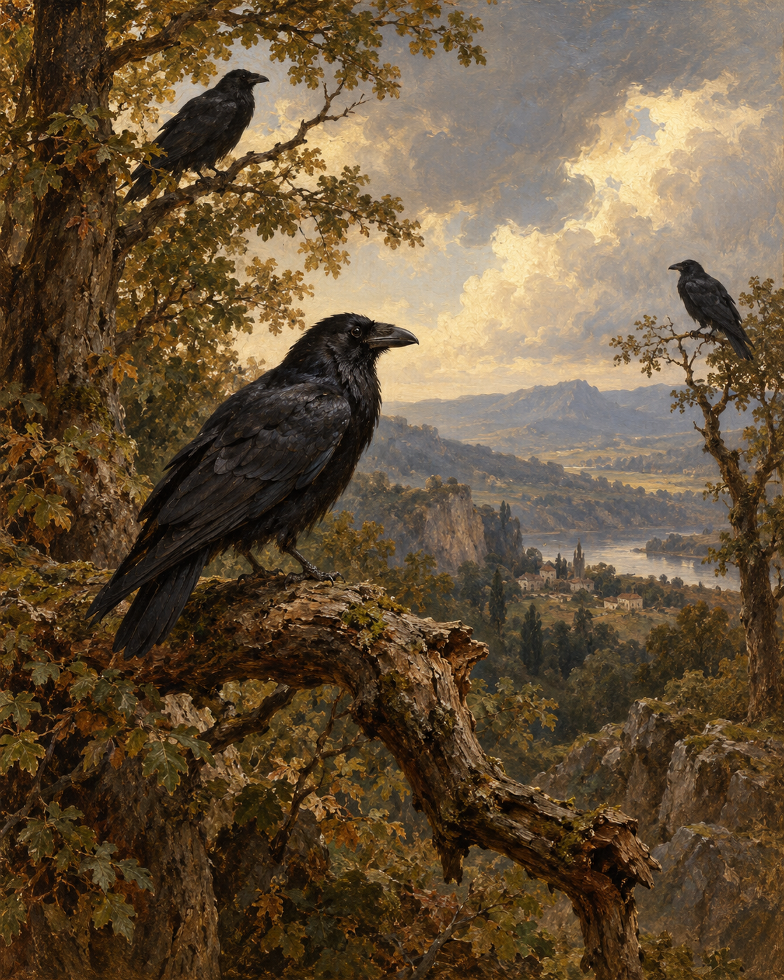 Peinture de trois corbeaux sur des branches dominant une vallée