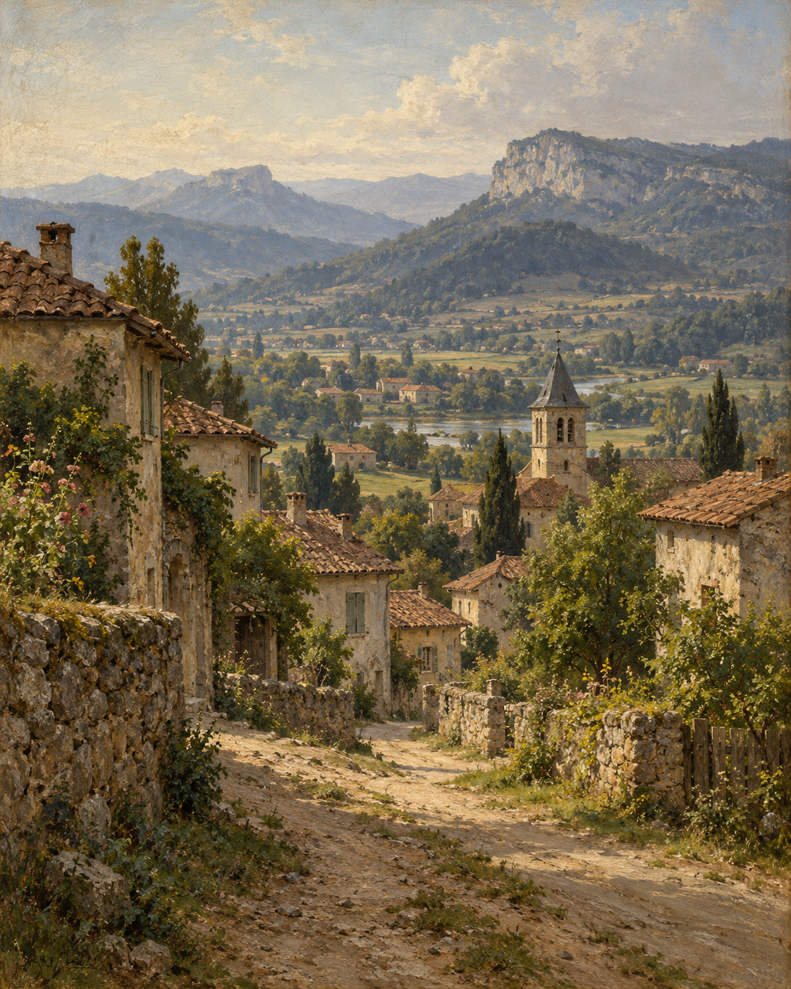 Peinture d’un village de pierre au pied de collines, évoquant Vérieu
